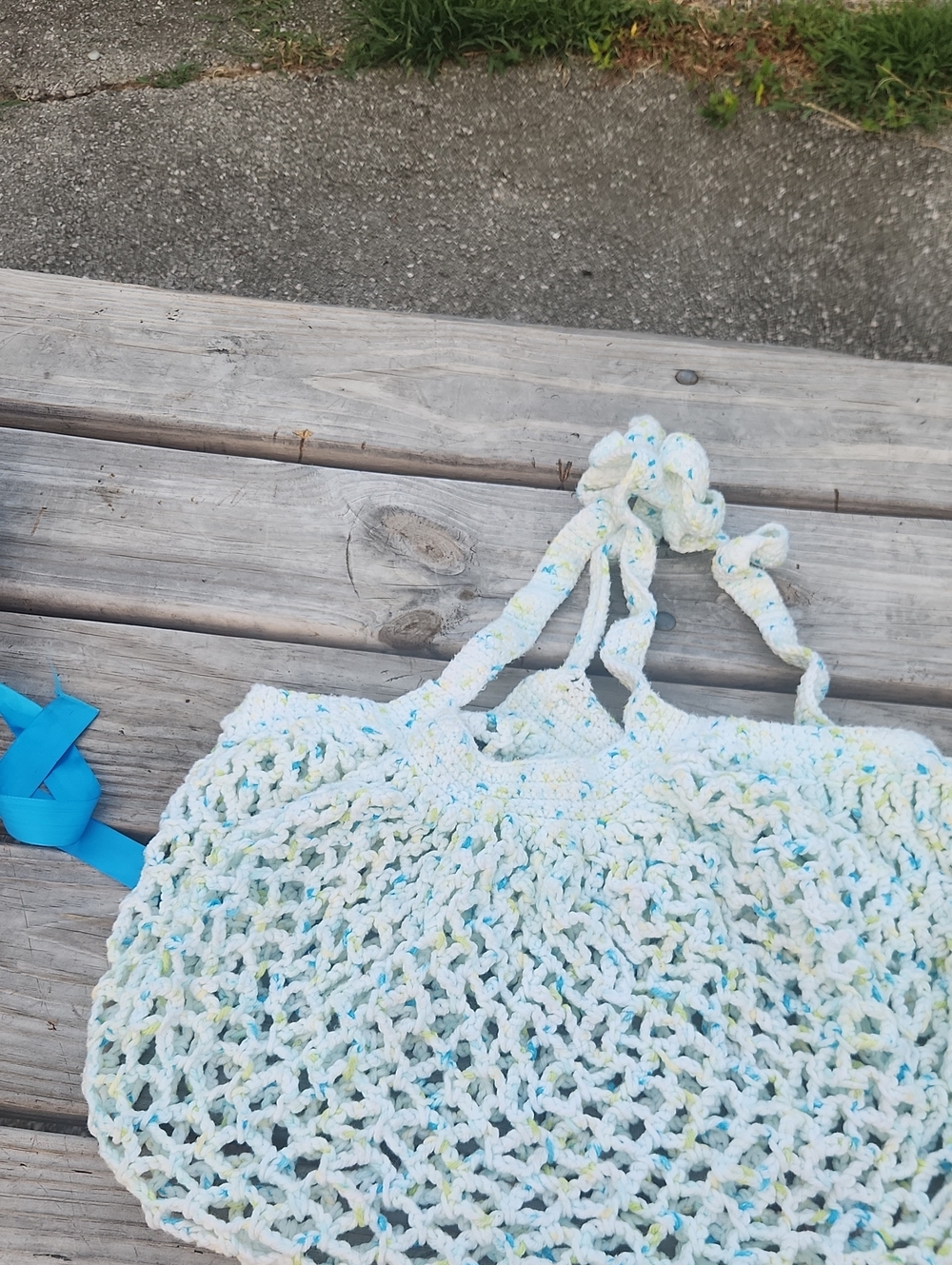 Handmade Crochet Market Tote in White with Blue and Yellow Specks